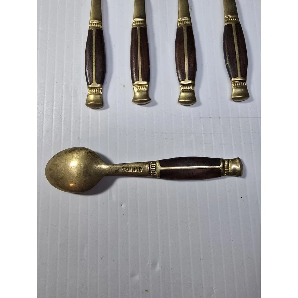6 Thailand Brass/ Bronze Tea spoons  with Teak Handle And Matching Letter Opener